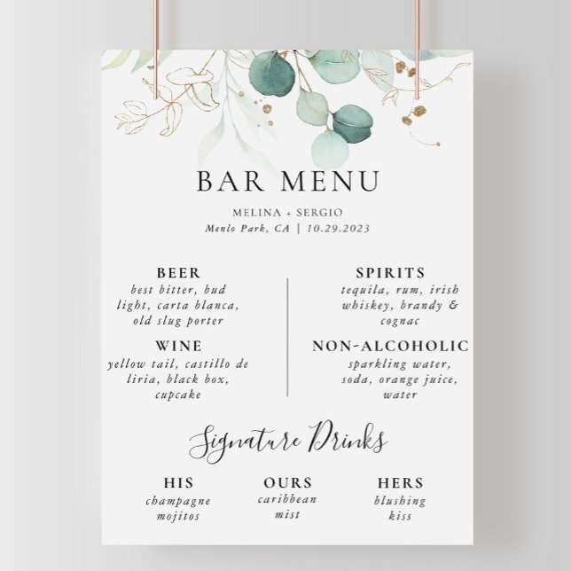 Gold Green Leaves Wedding Bar Menu Poster (Creator Uploaded)