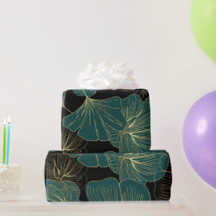 Gold green leaves  wrapping paper
