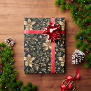 Gold & Green Leaves Wrapping Paper on Dark Back