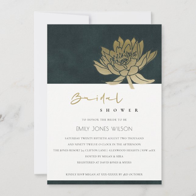 GOLD GREEN LOTUS FLORAL BRIDAL SHOWER  INVITE (Front)
