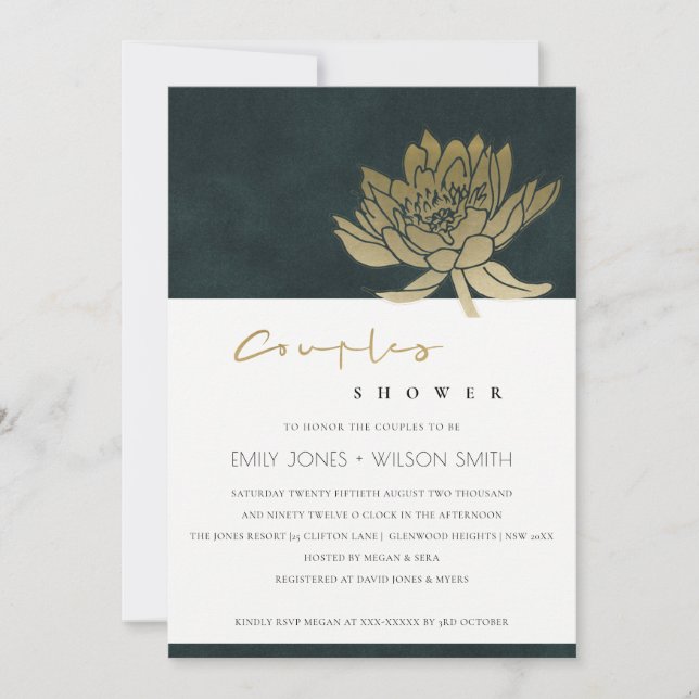 GOLD GREEN LOTUS FLORAL COUPLES SHOWER  INVITE (Front)