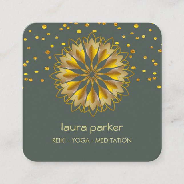 Gold Green Lotus Flower Yoga Holistic Meditation  Square Business Card (Front)