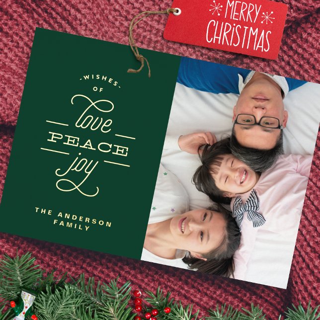 Gold Green LOVE PEACE JOY Greeting Photo Foil Holiday Card (Creator Uploaded)