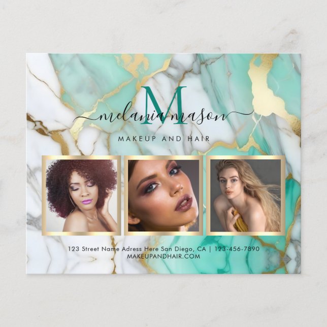 Gold Green Marble Makeup Artist Elegant Photo Flyer (Front)