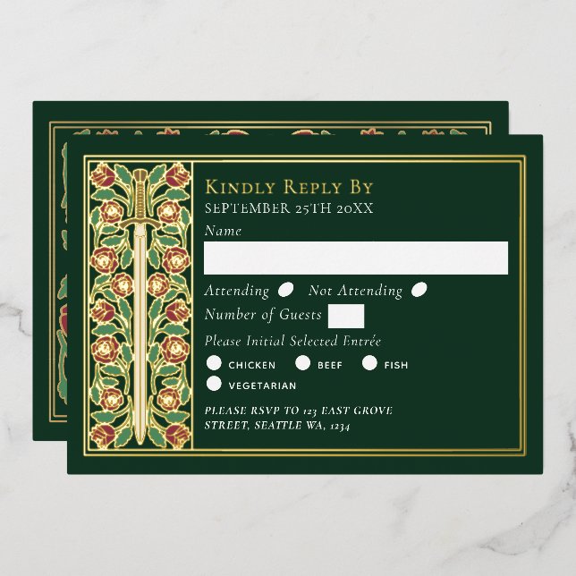 Gold Green Mediaeval Floral Sword Wedding RSVP (Front/Back)