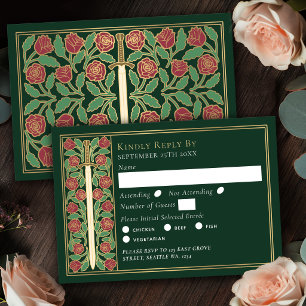 Gold Green Mediaeval Floral Sword Wedding RSVP Card