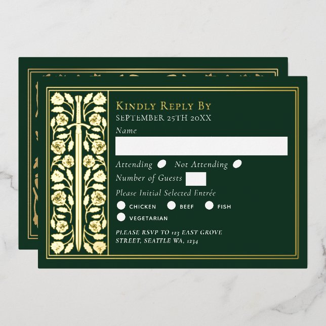 Gold Green Mediaeval Sword Wedding RSVP (Front/Back)