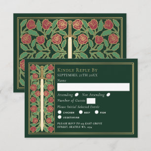 Gold Green Medieval Floral Sword Wedding RSVP Card