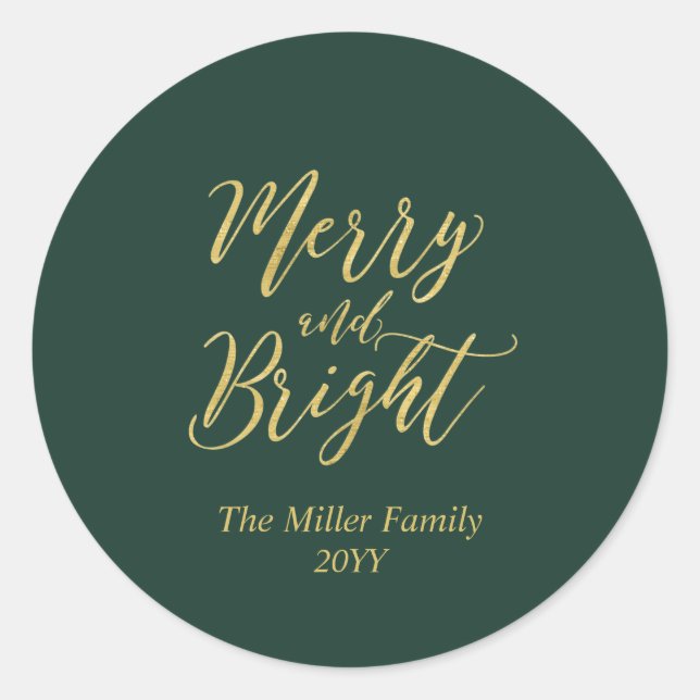 Gold & Green | Merry & Bright Christmas Holiday Classic Round Sticker (Front)