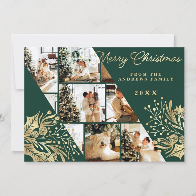 Gold Green Merry Christmas Floral Photo Collage Holiday Card (Front)