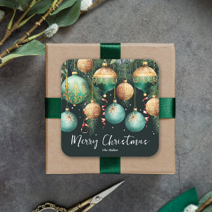 Gold Green Merry Christmas Ornaments Square Sticker