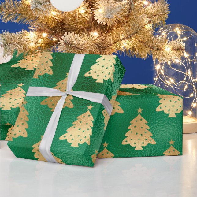 Gold Green Metallic Christmas Tree Holiday Wrapping Paper (Holidays)