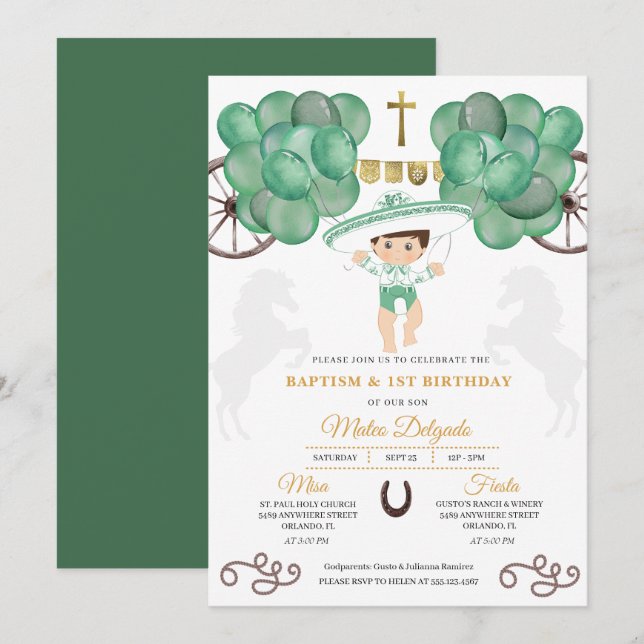 Gold & Green Mexican Baby Boy Charro Baptism Invitation (Front/Back)