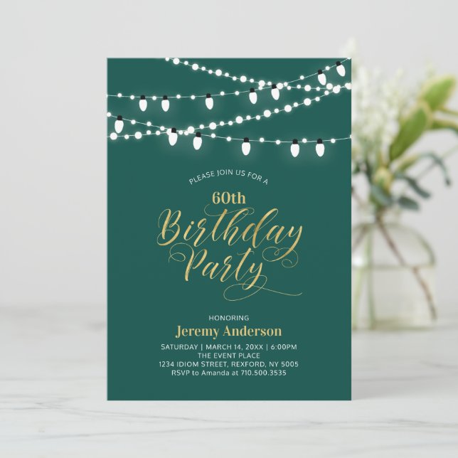 Gold & Green Modern 60th Adult Birthday Party Invitation (Standing Front)