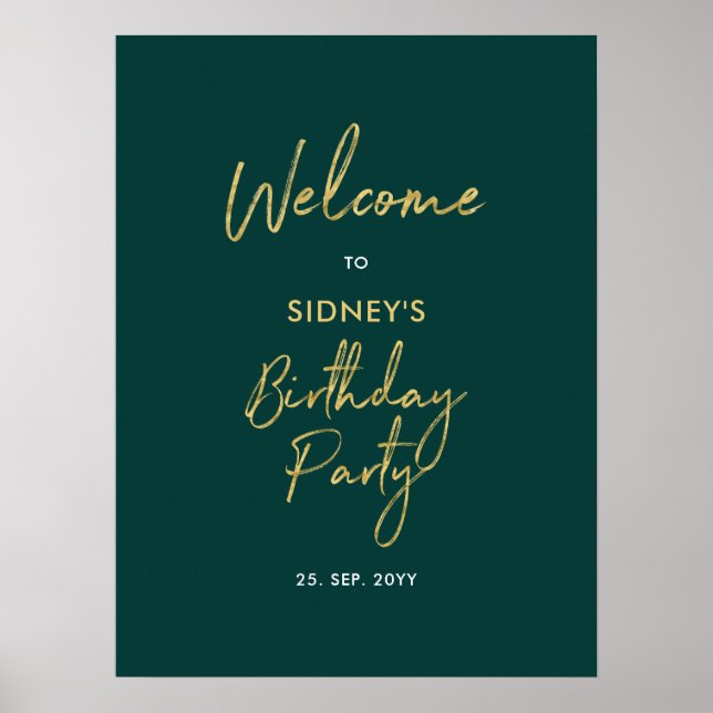Gold & Green Modern Birthday Party Welcome Poster (Front)
