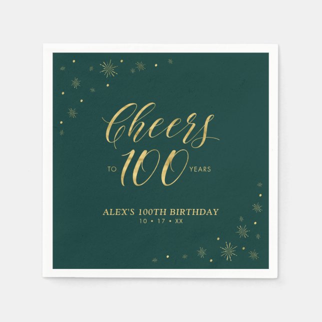 Gold & Green Modern Cheers 100th Birthday Party Napkin (Front)