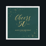 Gold & Green Modern Cheers 50th Birthday Party Napkin<br><div class="desc">This custom paper napkin will add stylish detail to your special day. This design features sparkle graphics and typography " Cheers to 50 years" in gold foil texture on a dark green background. Perfect for a modern gold theme 50th birthday party. Matching invitations and stationeries are available in my shop...</div>