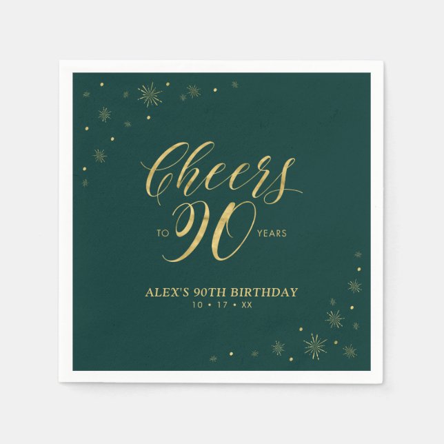 Gold & Green Modern Cheers 90th Birthday Party Napkin (Front)
