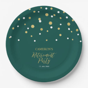Gold & Green Modern Chic Confetti Retirement Party Paper Plate