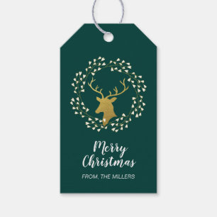 Gold & Green   Modern Deer Merry Christmas Gift Tags
