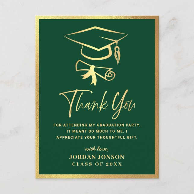 Gold Green Modern Graduation Party Thank You Postcard (Front)