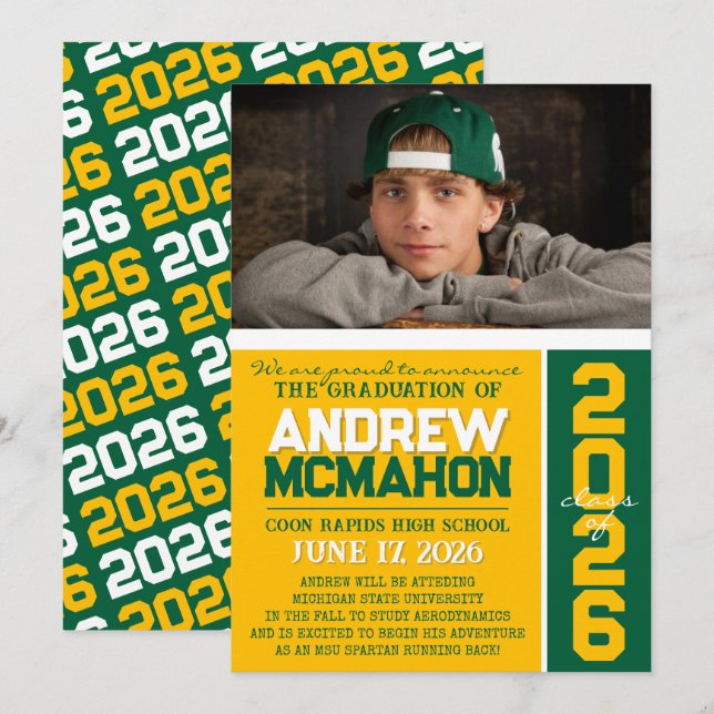 Gold & Green Modern Graduation Photo Announcement (Front/Back)
