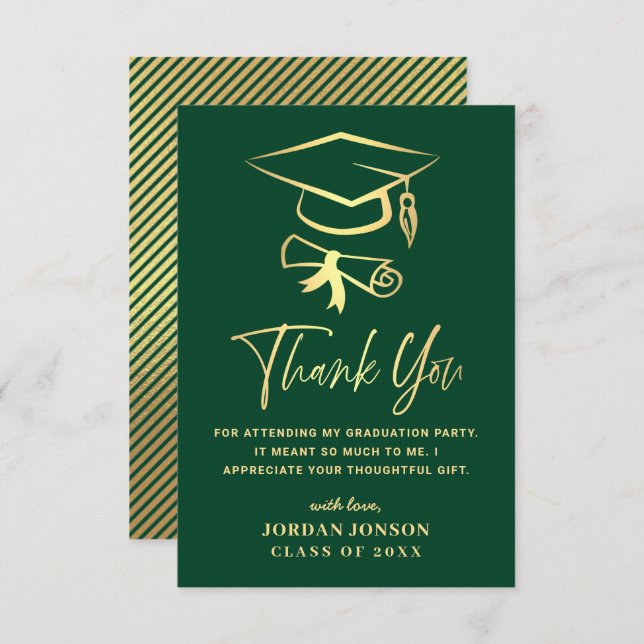 Gold Green Modern Graduation Thank You Card (Front/Back)
