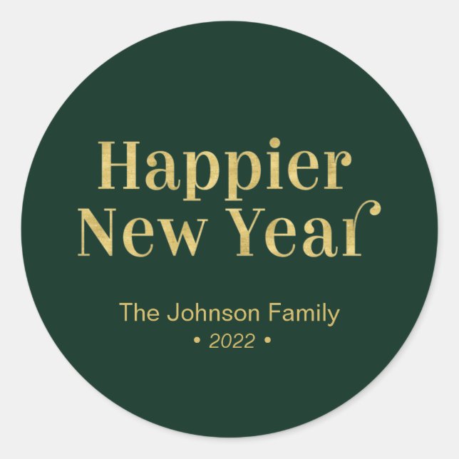 Gold & Green Modern Happy New Year Holiday Classic Round Sticker (Front)