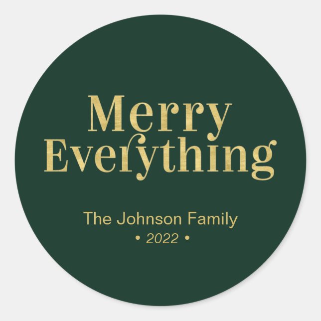 Gold & Green Modern Merry Everything Christmas Classic Round Sticker (Front)