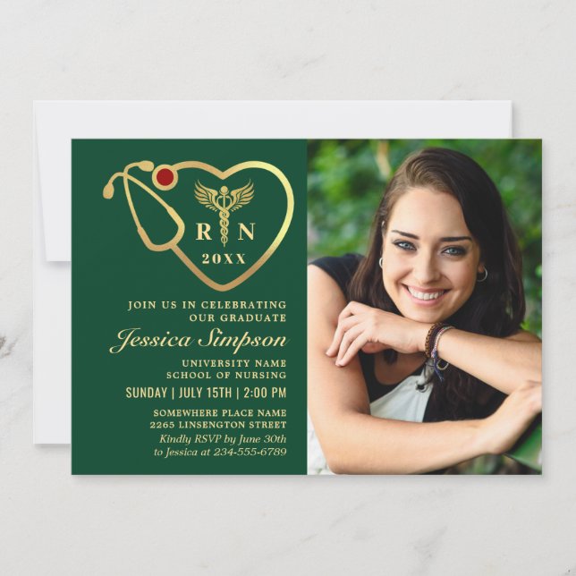 Gold Green Modern Nursing School Graduation Party Invitation (Front)