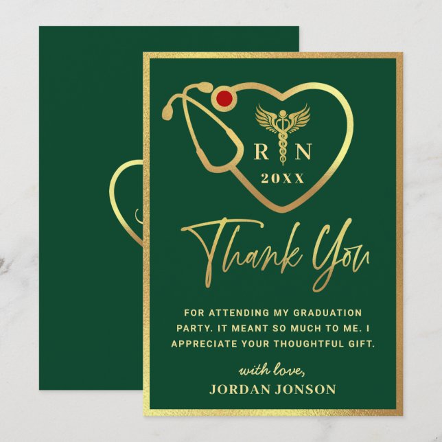 Gold Green Modern Nursing School Graduation Thank You Card (Front/Back)