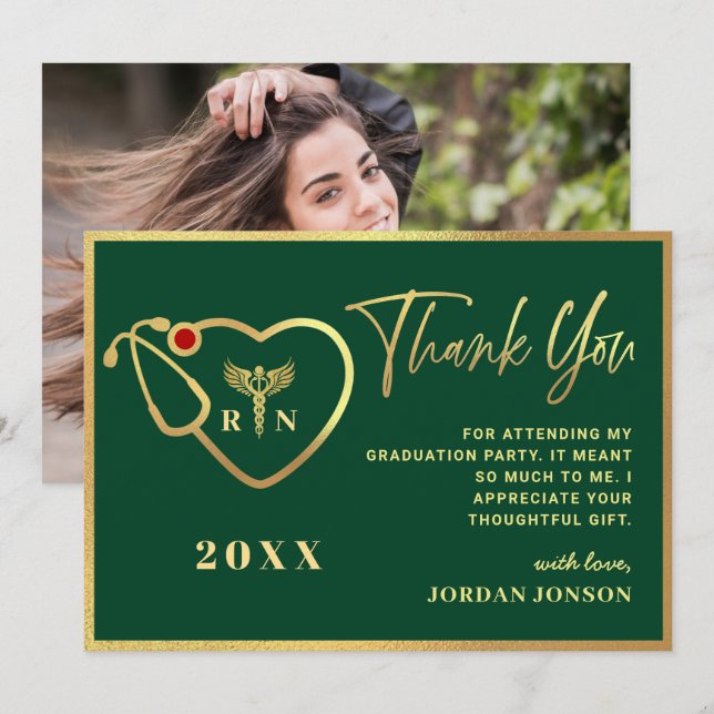 Gold Green Modern Nursing School Graduation Thank You Card (Front/Back)