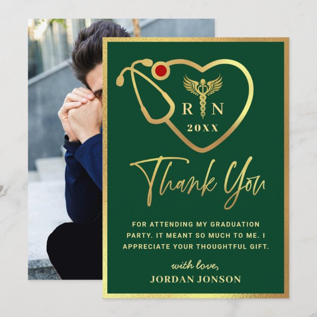Gold Green Modern Nursing School Graduation Thank You Card (Front/Back)