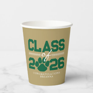 Gold & Green Pawprint Class of Graduation Paper Cups