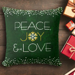 Gold Green Peace Joy Love Snowflake Holiday Modern Cushion<br><div class="desc">“Peace, joy & love.” A fun, playful, snowflake illustration and modern typography on a rich, deep green marble watercolor background help you usher in the holiday season. White confetti and gold dots frame complete the look. On the back is a giant gold foil and white snowflake. Feel the warmth and...</div>