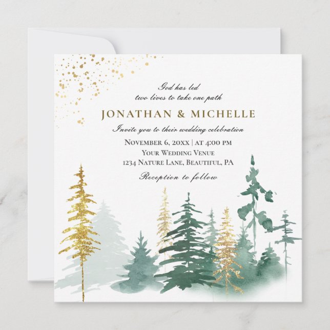 Gold Green Pine Trees Forest Inspirational Wedding Invitation (Front)