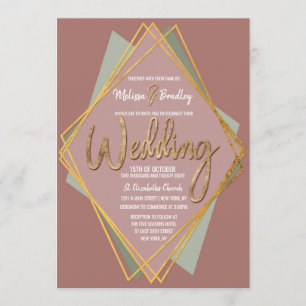 Gold Green Pink and Mauve Geometric Wedding Invitation