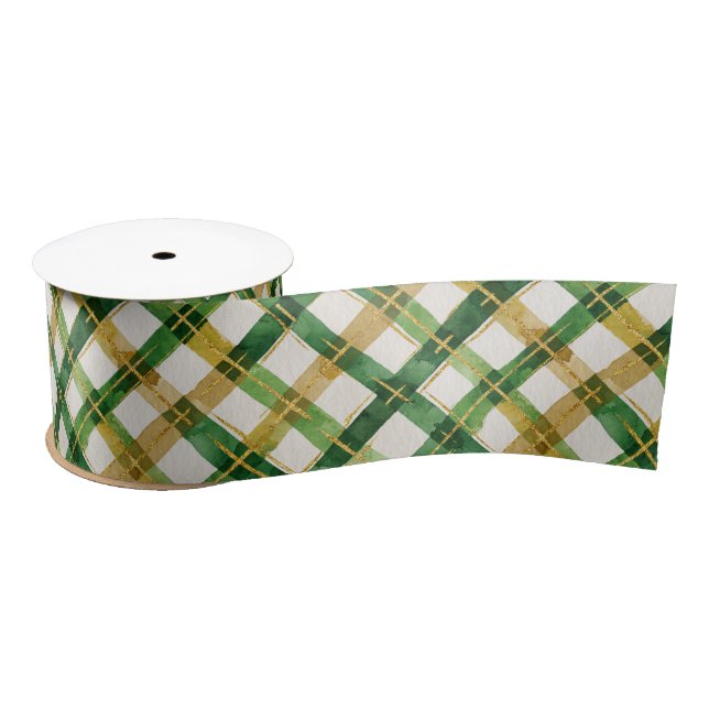  Gold Green Plaid Christmas  Satin Ribbon (Spool)
