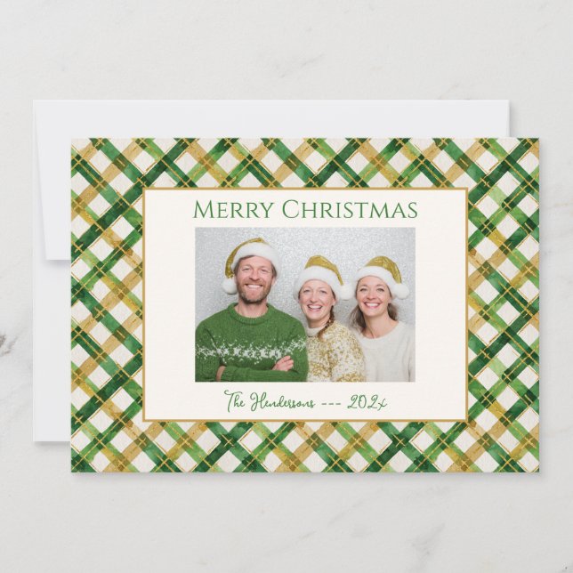 Gold Green Plaid Photo Christmas Card (Front)