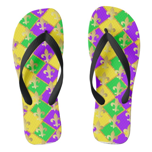 Gold Green Purple Mardi Gras Harlequin Pattern    Flip Flops (Footbed)