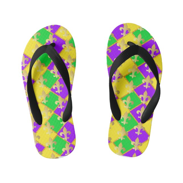 Gold Green Purple Mardi Gras Harlequin Pattern     Kid's Flip Flops (Footbed)