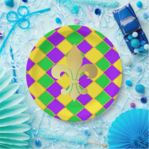 Gold Green Purple Mardi Gras Harlequin Pattern    Paper Plate