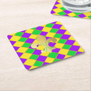 Gold Green Purple Mardi Gras Harlequin Pattern Square Paper Coaster
