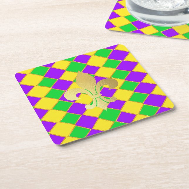 Gold Green Purple Mardi Gras Harlequin Pattern    Square Paper Coaster (Angled)