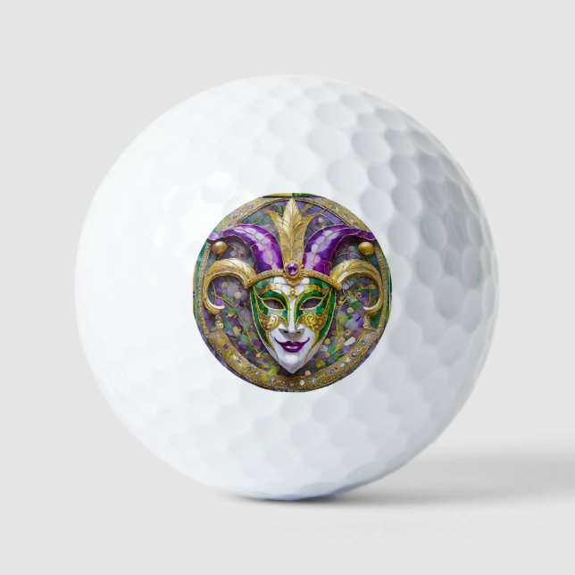 Gold Green Purple Mardi Gras Jester Mask Golf Balls (Front)