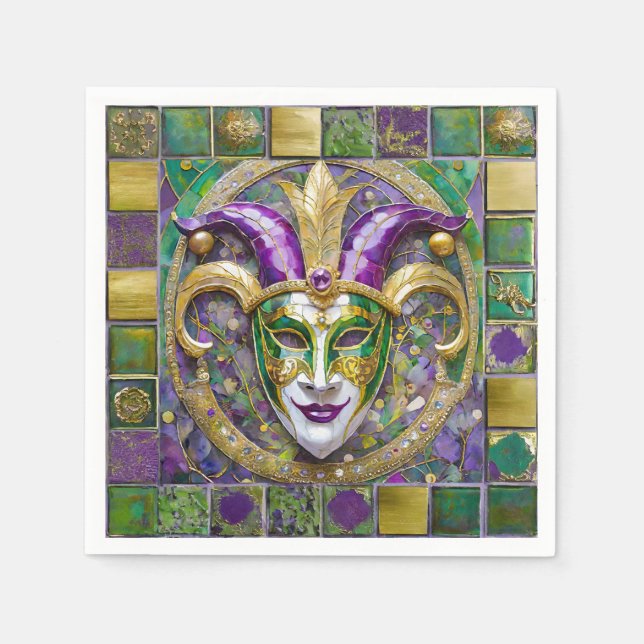 Gold Green Purple Mardi Gras Jester Mask Napkin (Front)