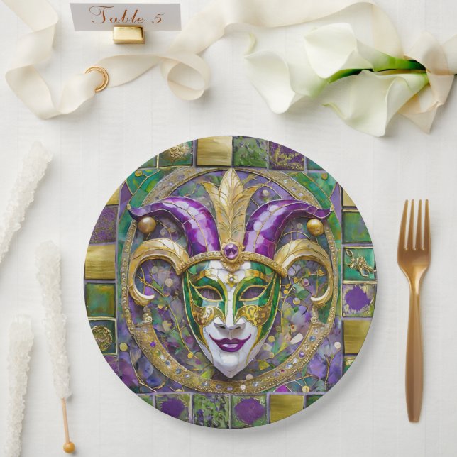 Gold Green Purple Mardi Gras Jester Mask Paper Plate (Wedding)