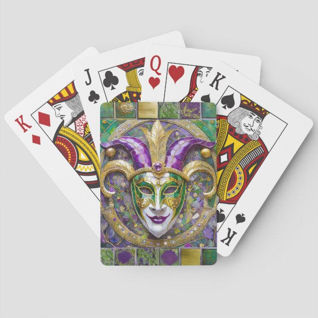 Gold Green Purple Mardi Gras Jester Mask Playing Cards (Back)