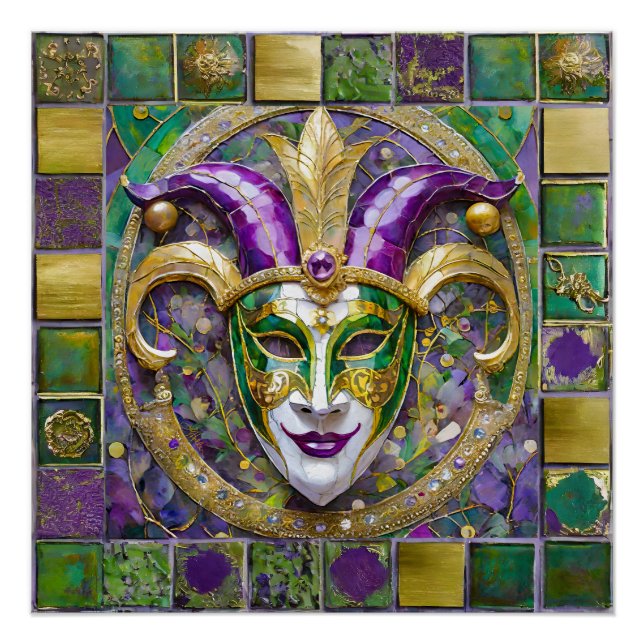 Gold Green Purple Mardi Gras Jester Mask Poster (Front)