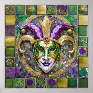 Gold Green Purple Mardi Gras Jester Mask Poster